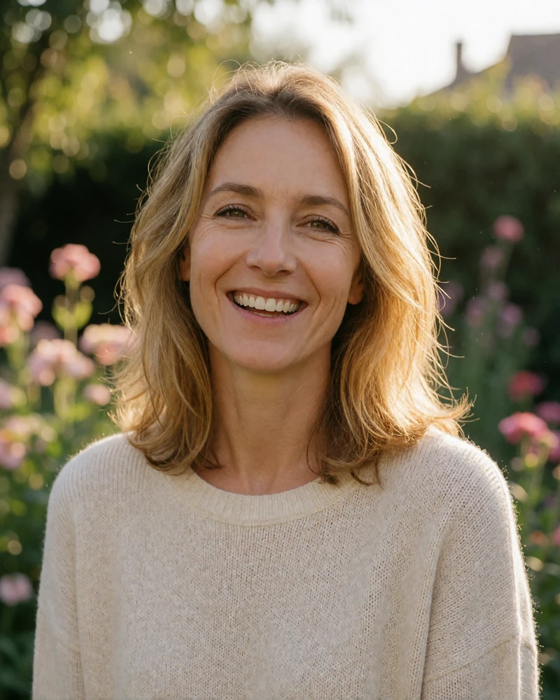 Claire, 49, a verified Conektik member laughing in a sunlit garden wearing a casual cream sweater