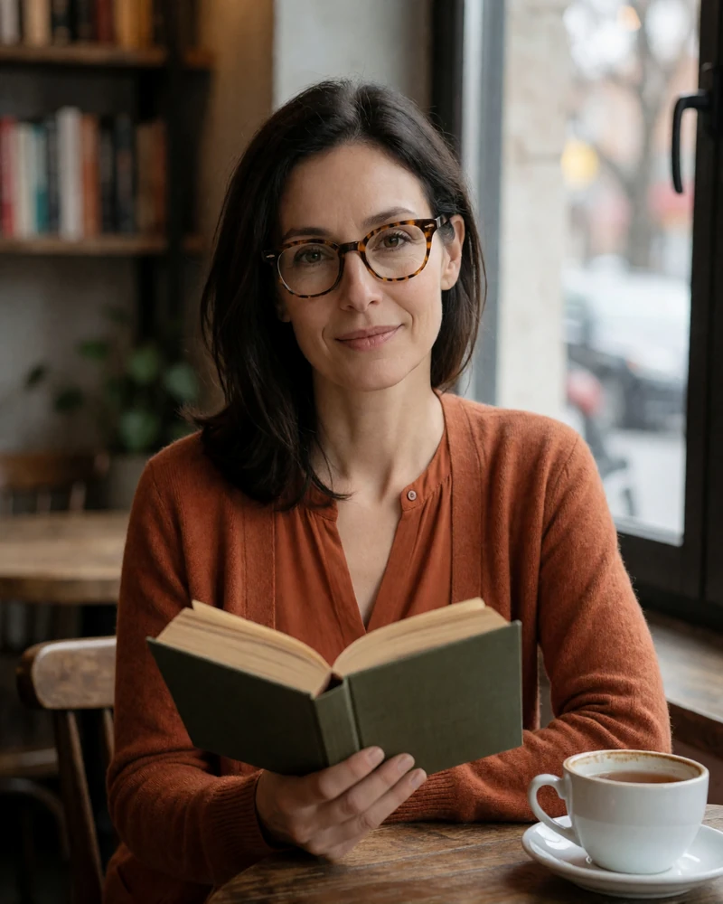 Elena, 52, a verified Conektik member with glasses reading a book in a cozy neighborhood cafe
