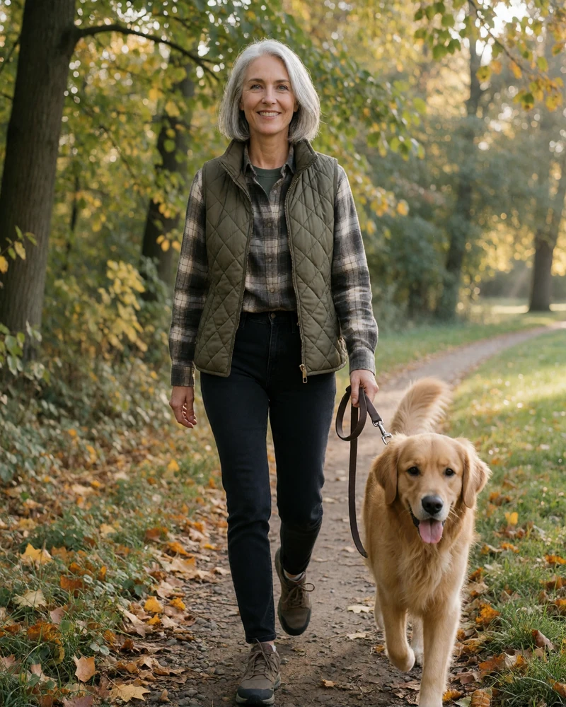 Ruth, 50, a verified Conektik member walking her golden retriever along a leafy park trail