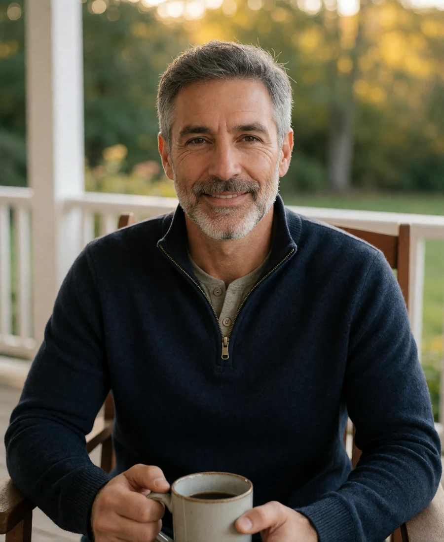 A 55-year-old man with salt-and-pepper hair relaxing on his porch with morning coffee, ready for a new chapter