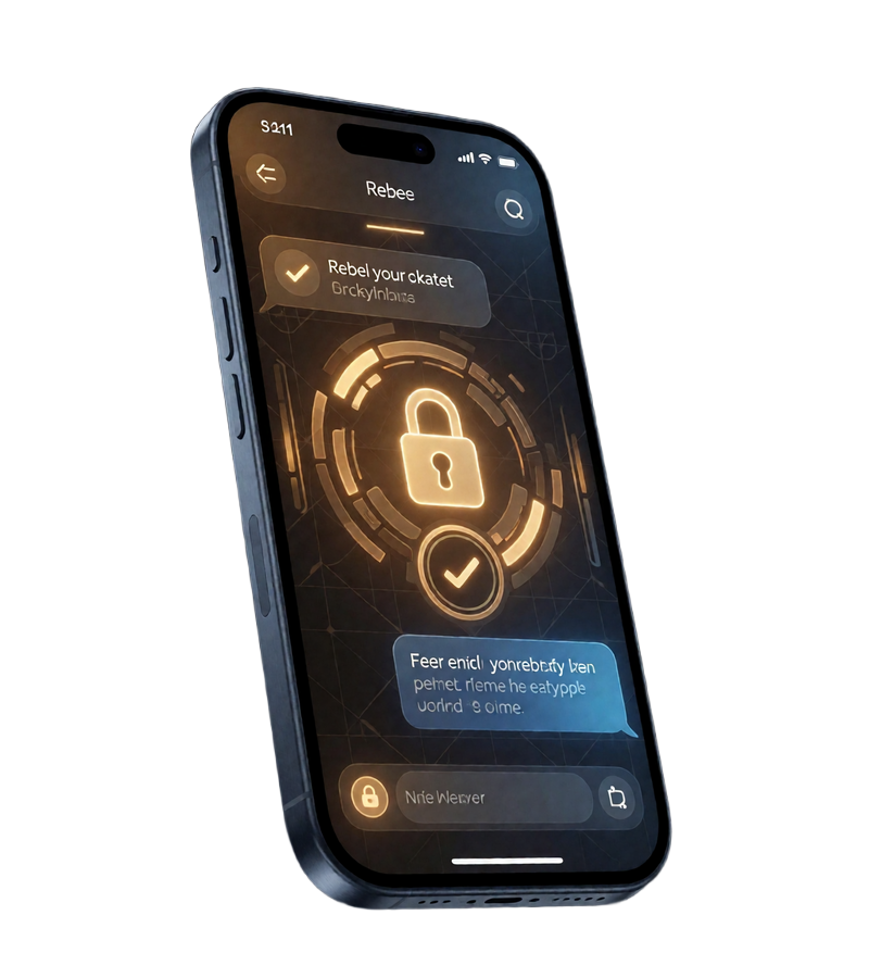 Smartphone showing a secure encrypted Conektik chat with a verification badge and padlock icon